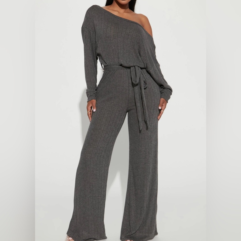 NWT Fashion Nova Keina Off Shoulder Jumpsuit - Dark Gray, Sz. XS